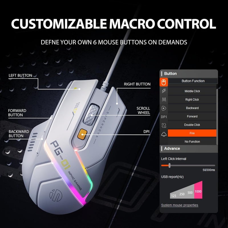inphic PG1 Wired Computer Gaming Mouse Ergonomic, 12800 DPI High-Precision, 6 Programmable Buttons, RGB Backlit for Gaming - White Gray - Image 4